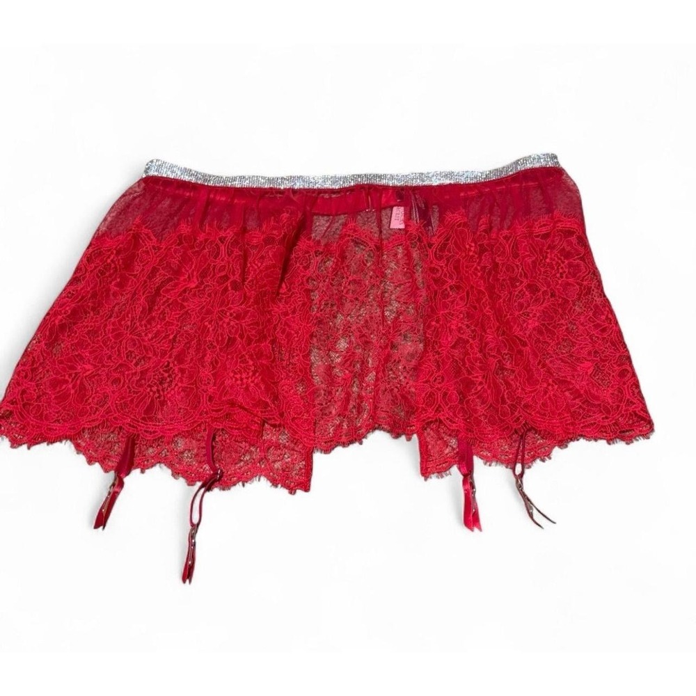 Victoria's Secret Red Lace Garter Skirt M/L Rhinestone Waist Lingerie NWT
